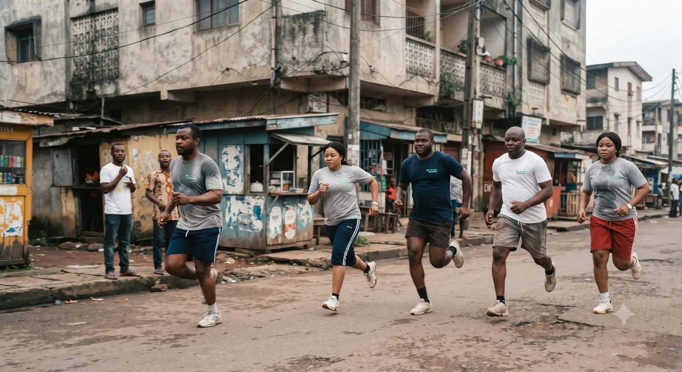 Un groupe de collaborateurs court ensemble dans une rue, encadré par des passants qui observent la scène.