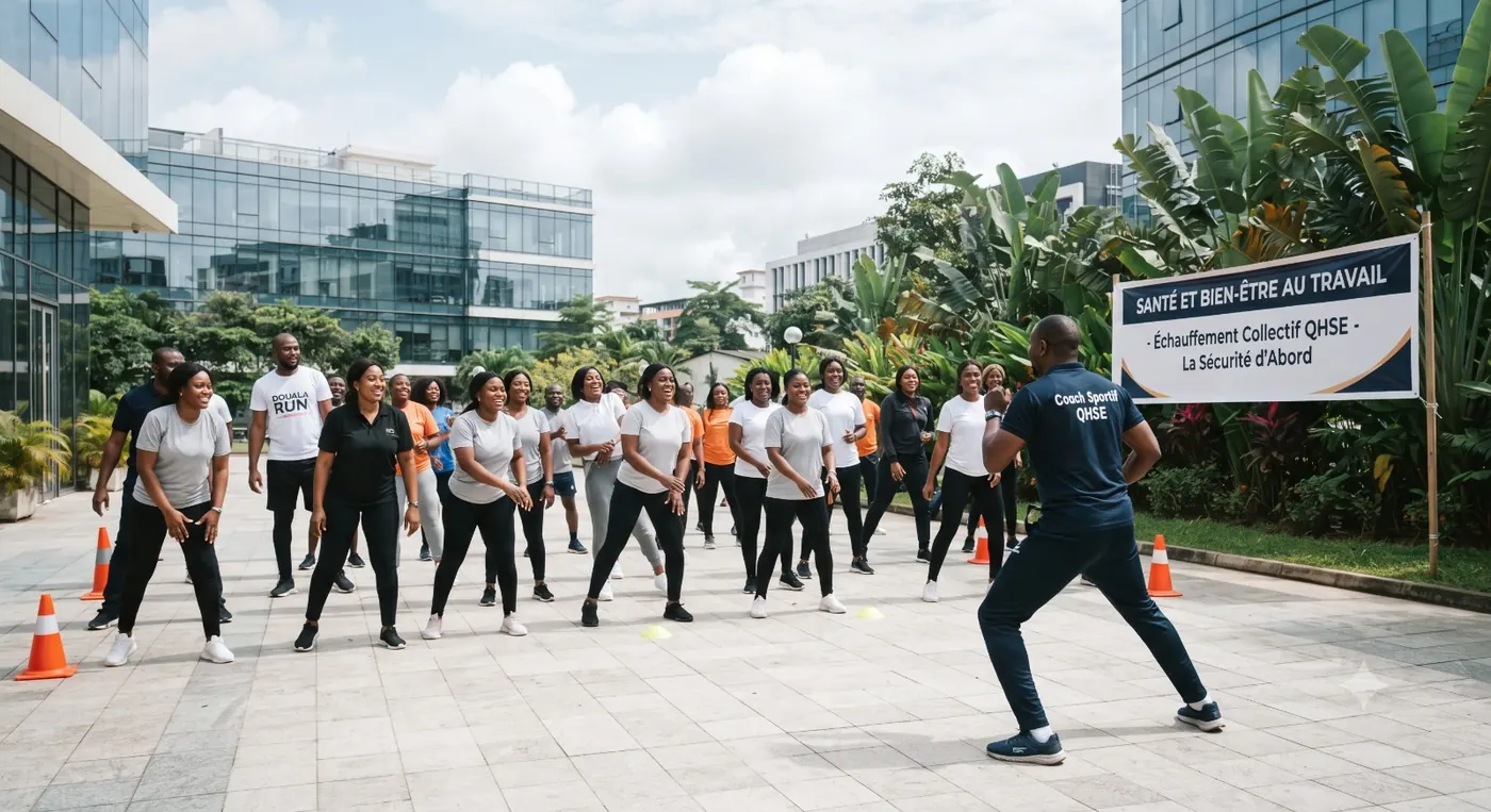 Un coach sportif dirige un échauffement collectif en extérieur devant un groupe de collaborateurs, plots au sol.