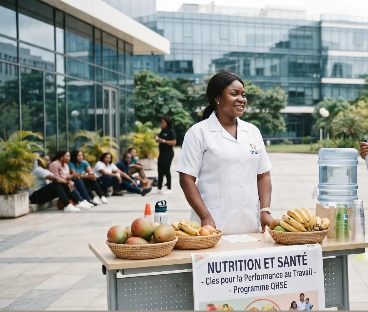 Une intervenante tient un stand nutrition en extérieur, avec des corbeilles de fruits frais et une fontaine à eau.